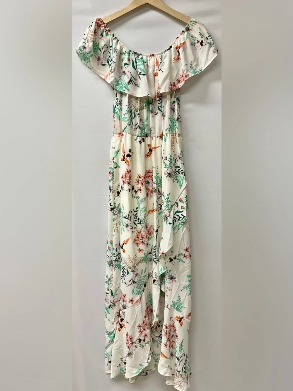 Brand New-Bailey Blue Floral Print Ruffle High-Low Maxi Dress